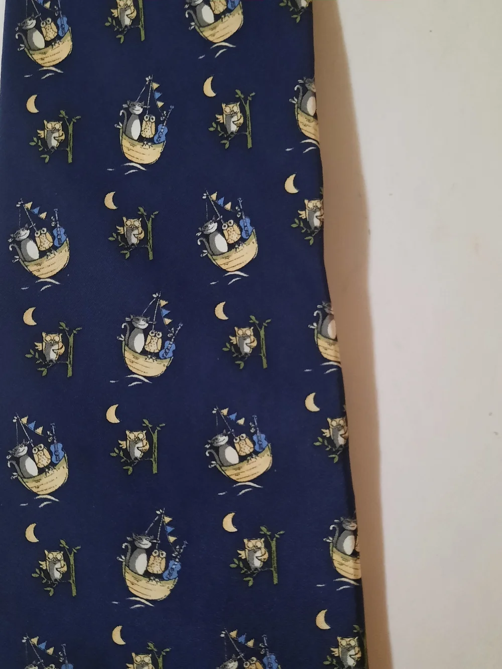Charleston Tie Rack Navy Blue 100% Silk Whimsical Owl & Moon Print Men's Tie
